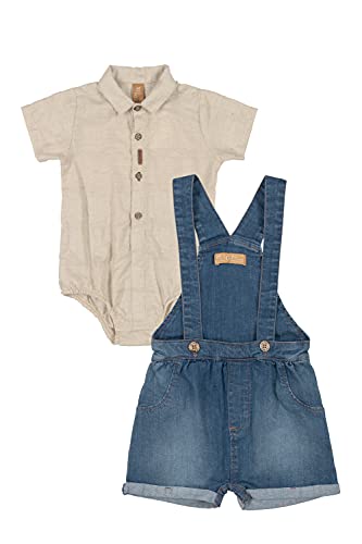 Jardineira para Bebê com Body, Up Baby, Bebê Menino, Creme, 6-9 Meses