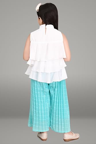 Image of Chiffon Self Design Printed Dress & Capri Set For Girls