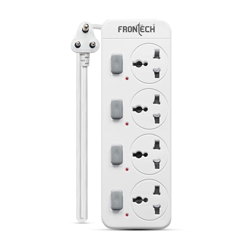 Image of Frontech 4-Way Power Extension Socket | 2000W Heavy-Duty Power Strip | Individual Switches with LED Indicators | Universal Sockets | 3M Copper Cable | Fire-Resistant Body | 1 Year Warranty (FT-3565)
