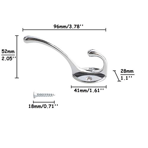10 Pack Chrome Double Coat Hooks for Wall Door with Screws Antique Robe Hook for Haning Clothes, Hat, Scarf, Bag, Towel, Key, Cup, Cap (Silver)