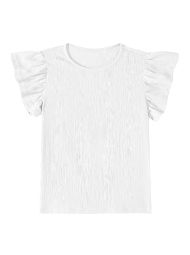 Image of Girls Ruffle Shirt Flutter Sleeve Top Crewneck Cute Summer T Shirts Casual Tees Off White 9-10 Years