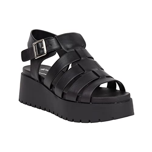 Womens Platform Gladiator Sandals 2.5 Inch Back 1.5 Inch Front Strappy Wedge Open Toe Buckle Summer Shoes Black White - KAROL3