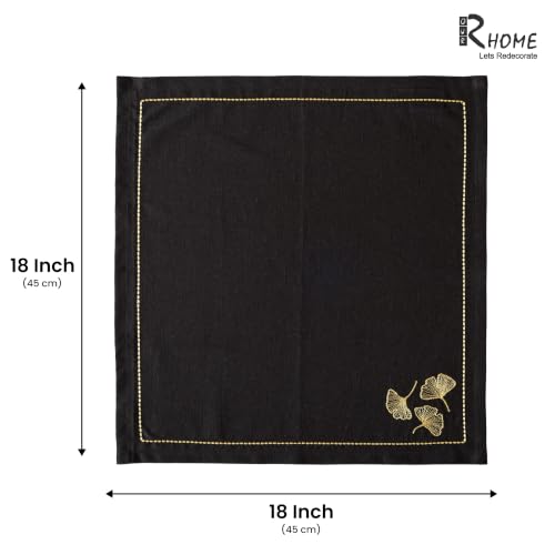 Image of R home Black Leaf Luxe Cotton Slub Table Napkins Set of 6 | 45x45 cm | Zari Embroidered Cloth Napkins | Elegant Dining & Cocktail Napkins | Premium Table Linen for Dining, Parties & Home Decor
