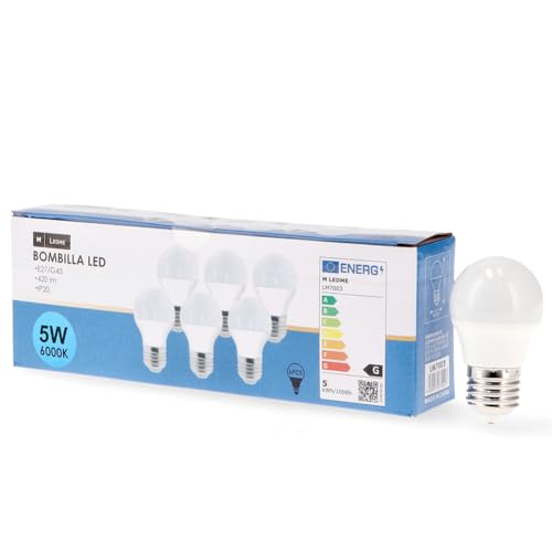M Ledme - Pack 6, Bombilla Led E27 G45 5W, Luz fría (6000k), casquillo E27, 450 Lumen, IP20, Apertura del Haz de Luz 200°, Eficiencia energética y Bajo Consumo. LM7602