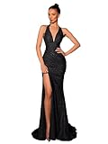 kilusoft Glitter Black Halter Prom Dress 2025 Mermaid Long Formal Ball Gowns for Women High Slit Sleeveless Cocktail Dress US6