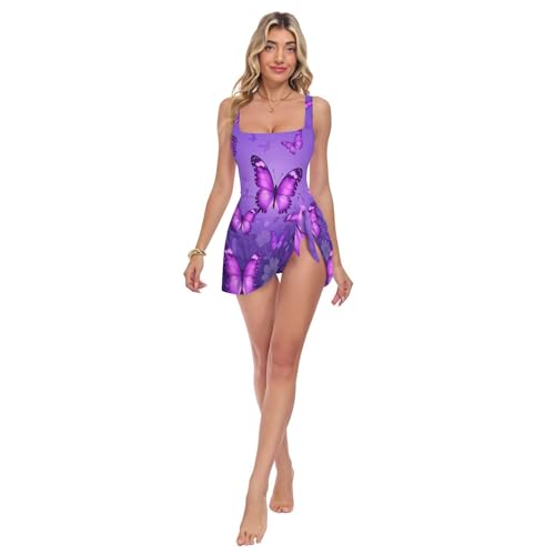 Maillot de bain une pièce à col carré femme motif papillon violet