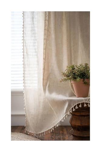 Rideau en lin rouge de style bohème avec pompons 150x180cm