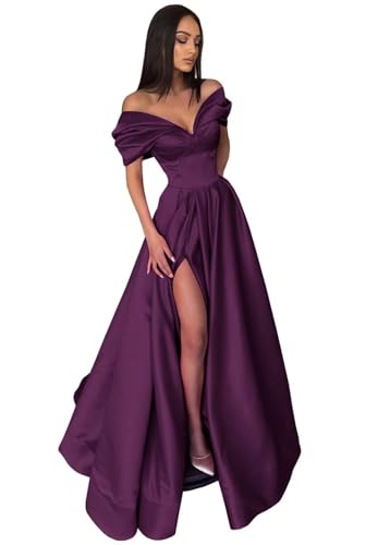 Image of Pleated Off The Shoulder Satin Prom Dresses for Women, Formal Evening Gowns Cocktail Party Dresses with Slit&Pockets