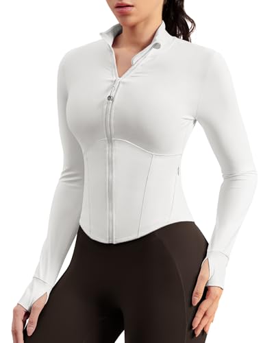 QUEENIEKE BareLuxe Corset BBL Jacket for Women Zip Up Waist-Length Cropped Running Workout Athletic Top with Thumb Holes (White, Small)