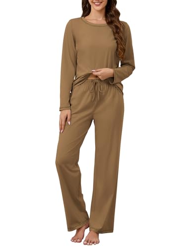 Image of KCW Womens Pajamas Sets 100% Cotton 2 Piece Lounge Set Long Sleeve Tops and Pants Soft Pjs Sleepwear with Pockets