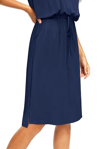 Image of Simier Fariry Women Summer Midi Knee Casual Dress Pocket Hide Belly Short Sleeve Spring Work Travel Teacher Outfit