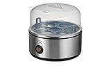 KHG Eierkocher Edelstahl Modern | 1 Ei - 7 Eier | Messbecher mit Eipick | 380 Watt Edelstahlheizplatte, mit akustischer Fertigmeldung | 16 cm Breite x 15,5 cm Höhe