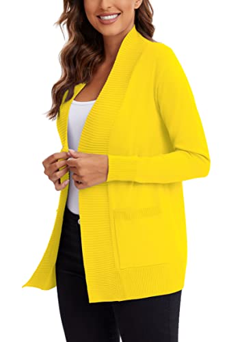 Urban Coco Women's Lightweight Open Front Knit Cardigan Sweater Long Sleeve With Pocket (Lemon Yellow, L) #TOP2