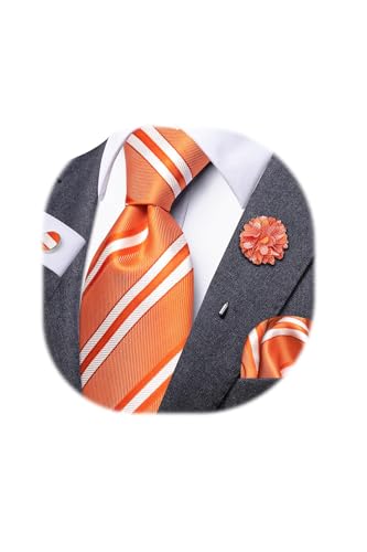 Image of Dubulle Mens Tie and Lapel Pin Paisley White Orange Striped Floral Necktie for Men Pocket Square Cufflinks Wedding Party
