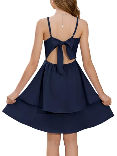 Haloumoning Girls Tie Back Dress Kids Spaghetti Strap Layered Ruffle Summer Beach Sundress 5-14 Years Navy Blue