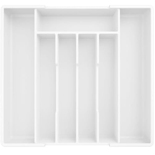 iDopick Extra Large Expandable Silverware Organizer,Food-Safe Cutlery Flatware Organizer, Kitchen Utensil Drawer Organizer, Adjustable Silverware Holder for Spoons Forks Knives, White