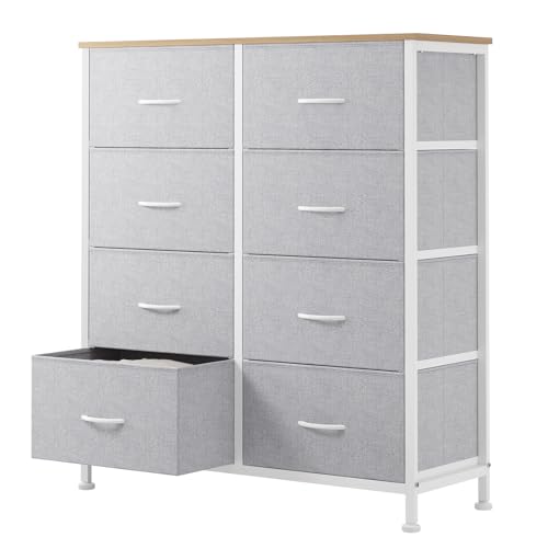 Image of OLIXIS 8 Drawer Dresser for Bedroom, Fabric Storage Tower with Wooden Top and Metal Frame, Dresser Organizer for Living Room Closet Entryway, Light Grey