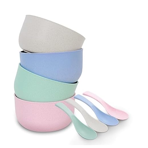 Jeslon Cuenco de Cereales, Tazones de plástico irrompibles para Niños, 4 Tazones con 4 Cucharas 500ml Ligero Apto para Lavavajillas y Microondas para Ensalada Sopa Arroz Pasta