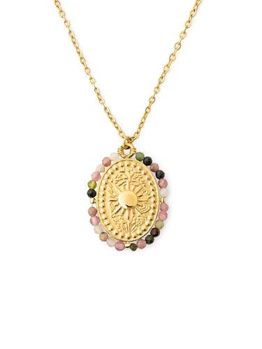SINGULARU - Collar Medallion Stones Sun. Acero con Acabado en Baño de Oro de 18Kt. Cadena con Medallón Largo Ajustable. Joyas para Mujer