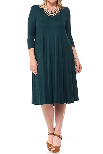Pastel by Vivienne Women's Plus Size 3/4 Sleeve A-Line Swing Midi Dress – Flowy, Stretchy, Casual, and Comfortable Fit for All-Day Wear 3X-Large Hunter-Green