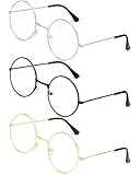 HUVZOR 3 Paia occhiali finti,Occhiali Trasparenti con Lenti Chiaro, Unisex Oro Retrò Montatura Occhiali Decorativo, Rotondi Ultrasottile Decorativo Occhiali da Vista Retro Eyewear per Uomini Donne