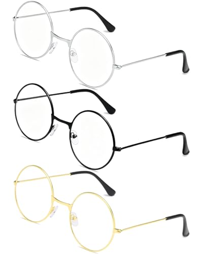 HUVZOR 3 Pares Gafas Redondas Retro, Gafas Unisex, Gafas con Lentes Transparentes Ultra Ligeras, Montura de Metal-acero, Fino Vintage, Visión Clara, para Cosplay