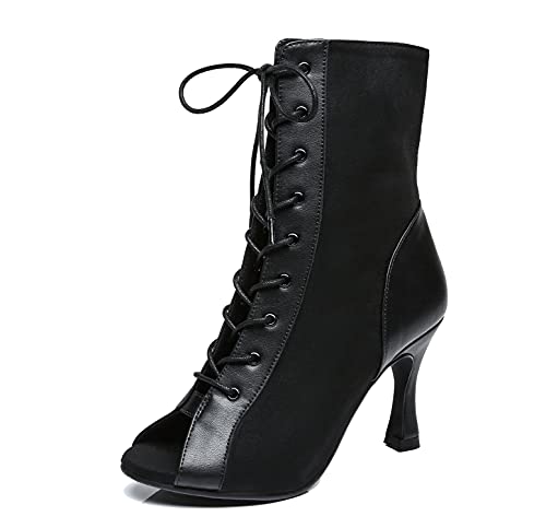 MINITOO Stivali da Ballo Donna Peep Toe Latin Sala Scarpe da Ballo Sera Partito Prom Sandali alla Caviglia L478 Nero Tacco a Cono EU 37