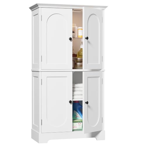 HAIOOU Bathroom Floor Cabinet with Motion Sensor Light, Modern Bathroom Storage Cabinet with Adjustable Glass Shelf, 4 Doors, Ample Storage for Hallway, Laundry Room, Living Room - White