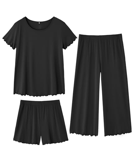 Image of WiWi 3 PCS Pajamas for Women Set Short Sleeve Pajama Sets Capri and Shorts Pj Sets Super Soft Cooling Sleepwear S-XXL