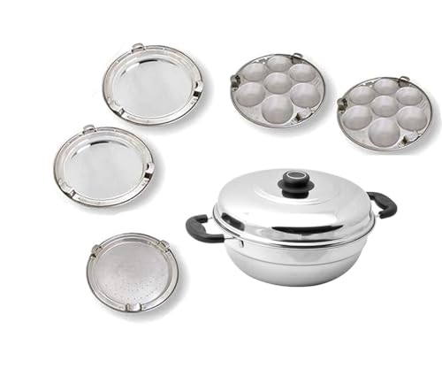Satre Online and Marketing Aluminium Induction Base Multi Purpose Kadai Size No. 15 with Stainless Steel Lid,7 Cavity Idli 2 Plates,2 Dhokla Plates & 1 Patra Plate – 6 pcs