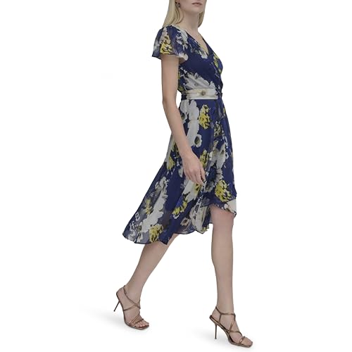 Image of DKNY Women's Flutter Sleeve Surplice Tie Fit & Flare Midi Dress