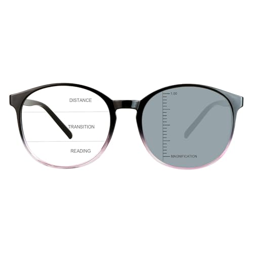 Image of Vintage Round Progressive Multifocal Presbyopic Glasses, Photochromic Gray Sunglasses for Men Women Readers (Black purple,+1.00 /+4.00 Magnification)