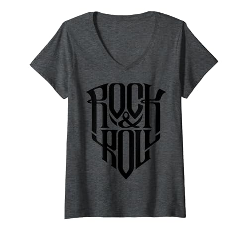 Femme I Love Rock & Roll, Cool Rock & Roll, Design Graphique Tendance T-Shirt avec Col en V, Chiné Foncé, XL