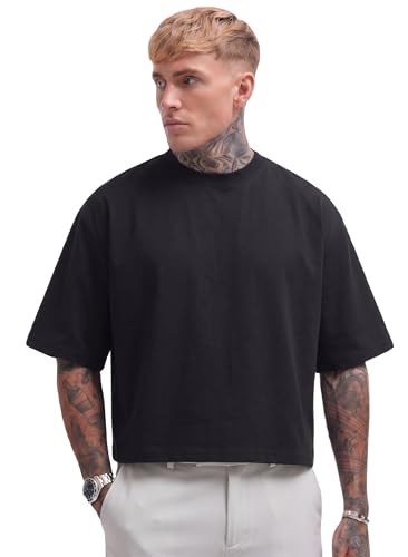Mens Boxy Cropped T Shirt Heavyweight Cotton Oversized Tee Drop Shoulder Streetwear Short Sleeve Crew Neck Shirt (US Alpha (Alpha) S Regular Jet Black)