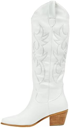 Womens Retro Cowgirl Cowboy Boots Embroidered Pointed Toe Chunky Heel Western Boots Classic Pull On Mid Calf Boots Work Boots