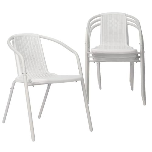 VINGLI PE Rattan Outdoor Dining Chairs Set of 4, Plastic Stackable Patio Chairs for Indoor, Porch, Restaurant, Garden, White