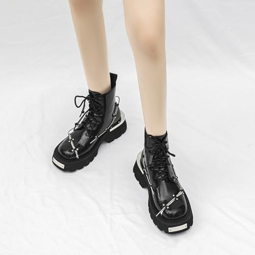 Women Goth Genuine Leather Platform Combat Ankle Boots with Metal Springs Fashion Round Toe Lace Up Lug Sole Chunky Motorcycle Boots Retro Punk Short Booties4