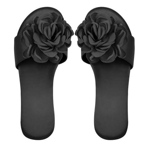 Women's Round Open Toe Floral Slides Sandals Satin Flats Shoes4