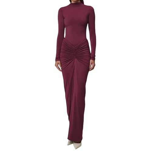 Image of Women's Sexy Turtleneck Long Sleeve Maxi Dress Elegant Ruched Bodycon Long Dress Casual Party Dresses
