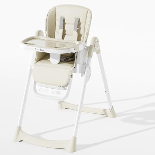 Image of Babilous High Chair, Foldable High Chairs for Babies and Toddlers with Removable Tray, Height Adjustable Feeding Chair, Adjustable Backrest and Footrest, Beige