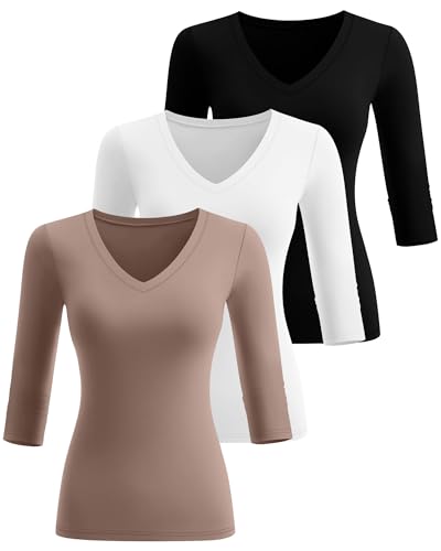Huukeay 3 Pack Women's 3/4 Sleeve T-Shirts, Summer Cotton V Neck Slim Fit Tops Casual Tight Going Out Blouse Basic Layer Tees2