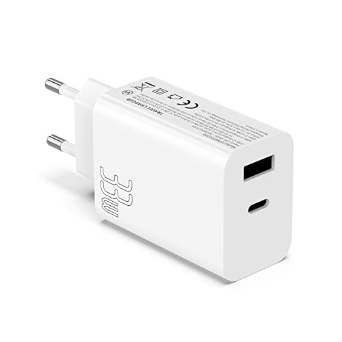 Cargador USB C 2 puertos [USB C + USB A] 33 W Cargador PD 3.0 Rápido,Enchufe USB C Portable Cargador de Pared Cargador Adaptador Compatible con iPhone 13 12 Samsung S21 Huawei P30 Xiaomi Cover