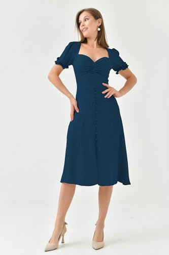 Image of Shasmi Girl's & Women's Solid Midi Dress - Elegant Square Neck Button-Down Dress with Puff Short Sleeves | Stylish Casual & Party & Office Wear Outfit (Dress 105)