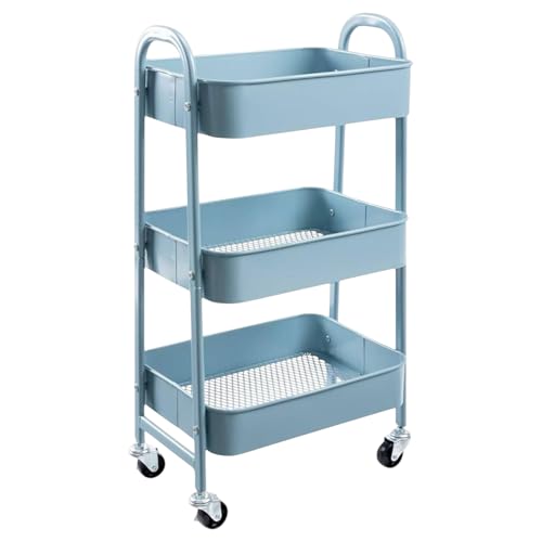 Carro de Almacenamiento Carrito Auxiliar con Ruedas Carro Cocina Carro Servicio Carrito Metalico con Ruedas 3 Niveles Carro Rodante Carro Organizador para Dormitorio Baño Oficina (Azul sin Asa)