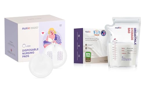 Image of Nuliie 120 Pcs Breastmilk Storage Bags, 8 OZ Breast Milk Storing Bags+Nuliie Super Absorbent & Featherlight Disposable Nursing Pad 100 Count