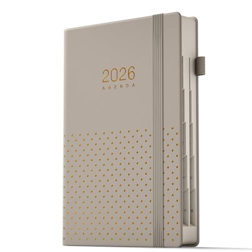 TDOLISSTE - Calendario 2026 Planificador, A5 Agenda Libro Calendario 365 Páginas Plan Diario y 24 Páginas Plan Mensual, Multilingüe, Porta Lápices y Bolsillo Interior, Edición Encuadernada (Gris)
