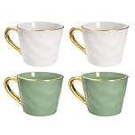 YöL Set of 4 Hammered Finish Mugs 370ml – 2 Green and 2 Grey Stoneware Coffee Cups with Textured Design and Comfortable Gold Glazed Handle – Modern Tea and Hot Chocolate Mug Set