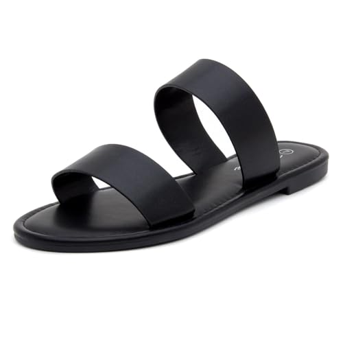Image of Herstyle Flat Sandals for Women, Double Strap Slide Sandals, Open Toe Slip On, Comfortable Cushioned Footbed Casual Summer Shoes for Daily Wear, Beach, Vacation, Clear Options