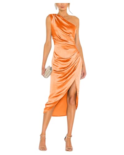 Image of Satin Bridesmaid Dresses for Women One Shoulder Prom Dress Pleated Midi Formal Cocktail Gown Wedding Guest Dress with Slit