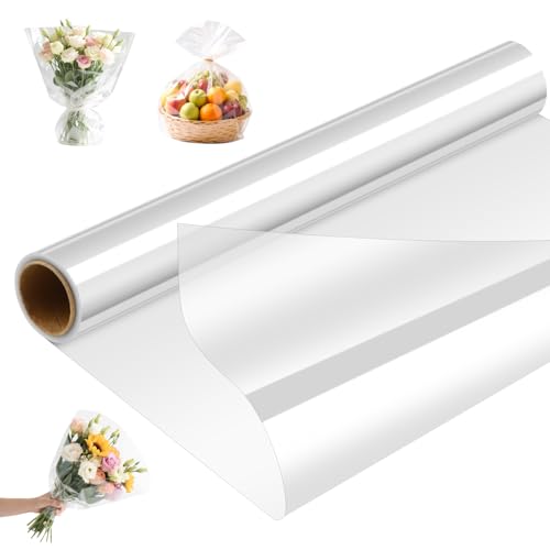 45CMx 20M Papier Emballage Transparent Rouleau，Papier Cellophane,Papier Cadeau Rouleau Transparent，Emballage Bouquet de Fleurs, Pour Fleuriste，Paniers...